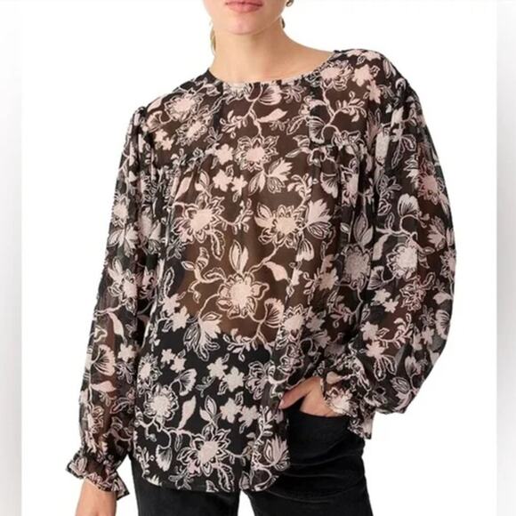 SANCTUARY Top Size 1X NEW Ruffle Moment Blouse Black Semi Sheer Floral - Picture 1 of 7